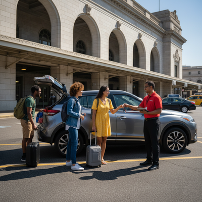 Group of travelers returning a grey Nissan Kicks rental car to an agent at Washington DC Union Station.