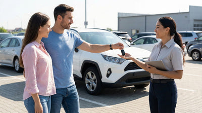 Couple handing over keys to an agent while returning a rental car in the US.