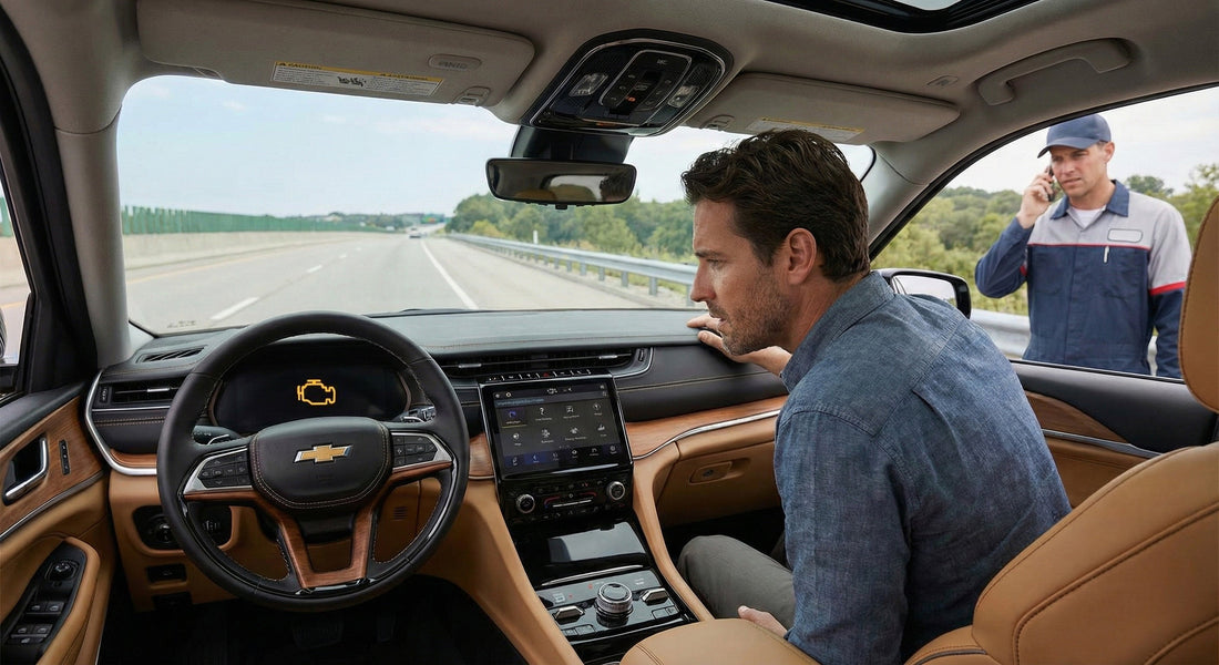 Driver inside a vehicle receiving roadside assistance from a mechanic for a car rental breakdown on the highway.