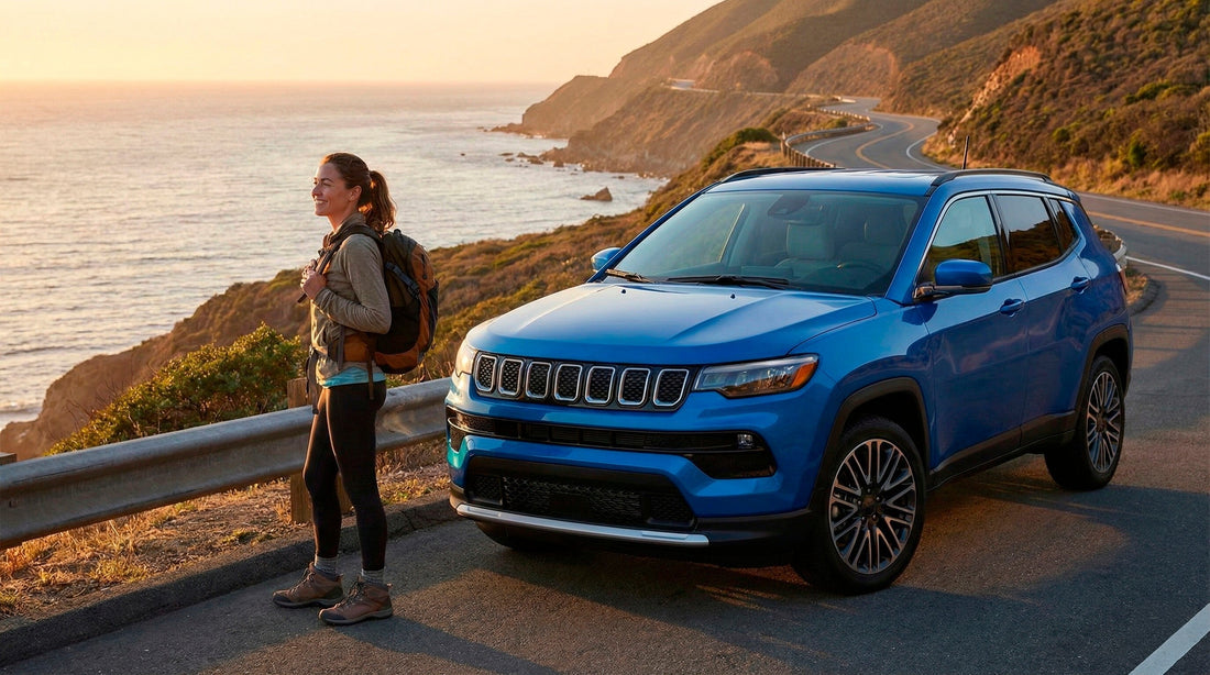 Solo female traveler enjoying a safe coastal road trip at sunset with her blue SUV car rental.