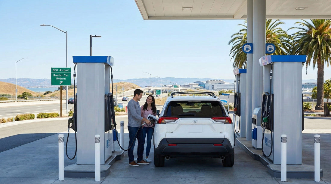 A couple refuels a white Toyota Rav4 at a gas station with SFO Airport Car Rental Return signs in the background.