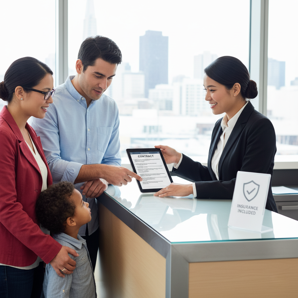 A family with a child at a car rental counter in San Francisco, reviewing a digital contract for car hire with included insurance.