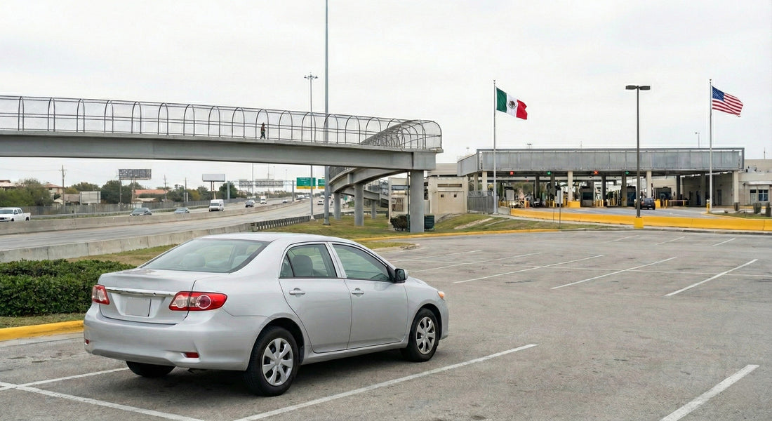 A silver rental car parked at an outlet mall in San Ysidro with the landscape of the US-Mexico border visible in the background.