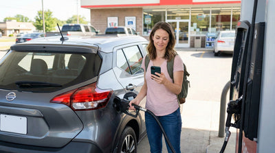 Woman pumping gas into a fuel-efficient rental car to save money during her trip.