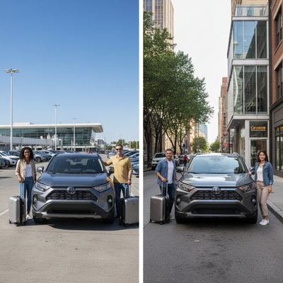 Diverse group of travelers with a modern grey SUV at a generic airport rental car lot, bright daylight.