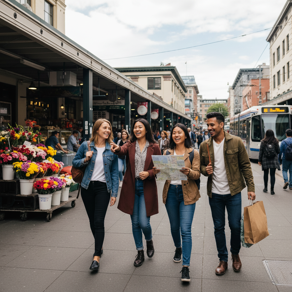 A group of four happy tourists, including two women holding a map, walking down a vibrant, busy downtown street near flower stalls and a light rail, symbolizing easy travel without a car rental in a city like Seattle.