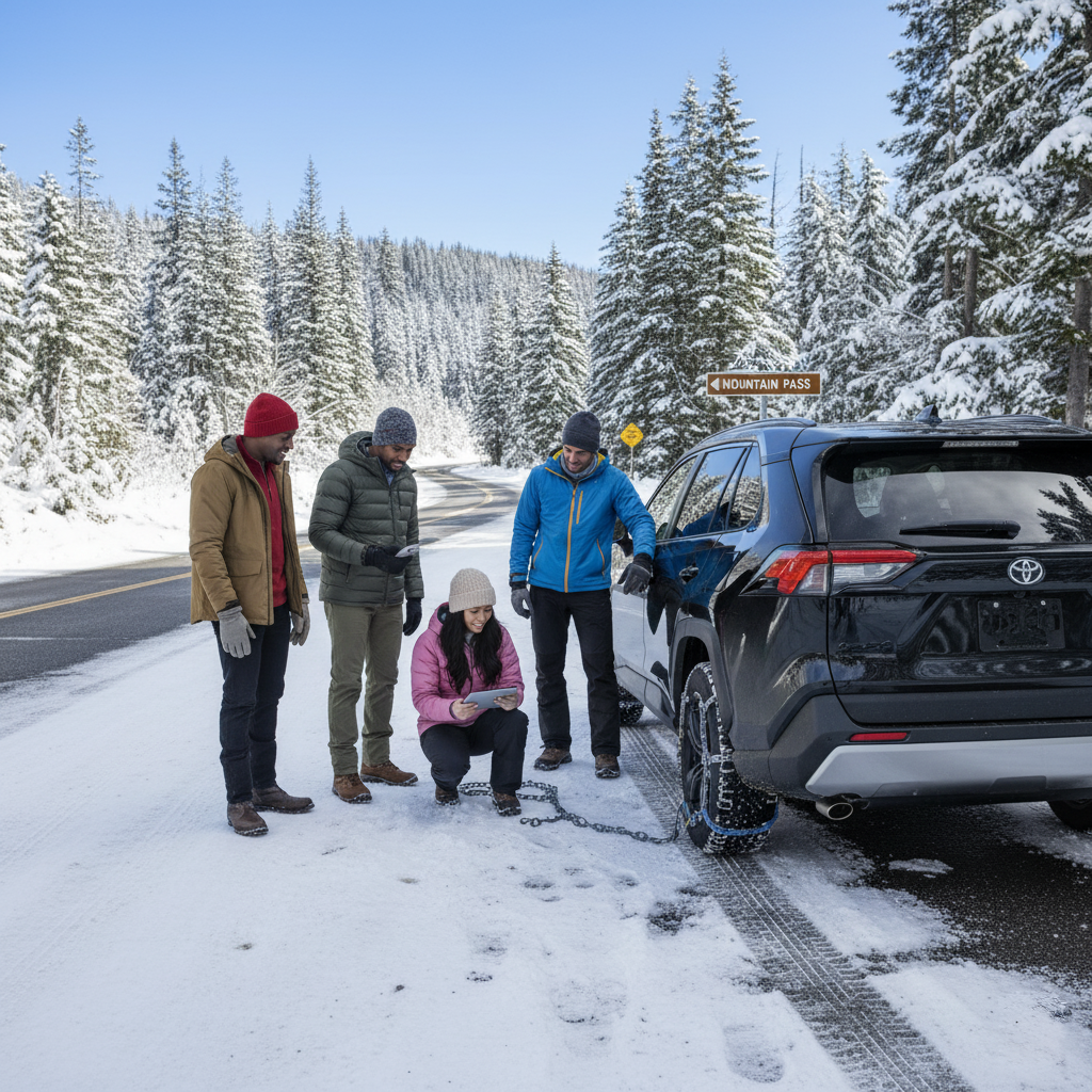 Group of people by a modern black SUV in a light snowy mountain setting, discussing winter driving.