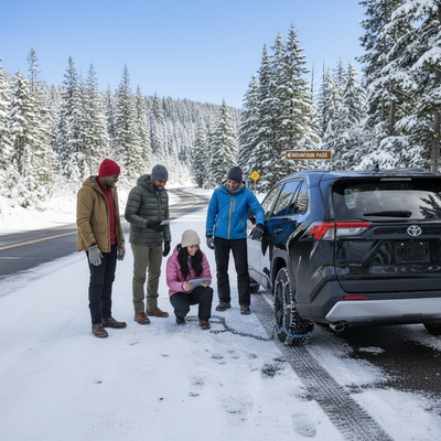 Group of people by a modern black SUV in a light snowy mountain setting, discussing winter driving.