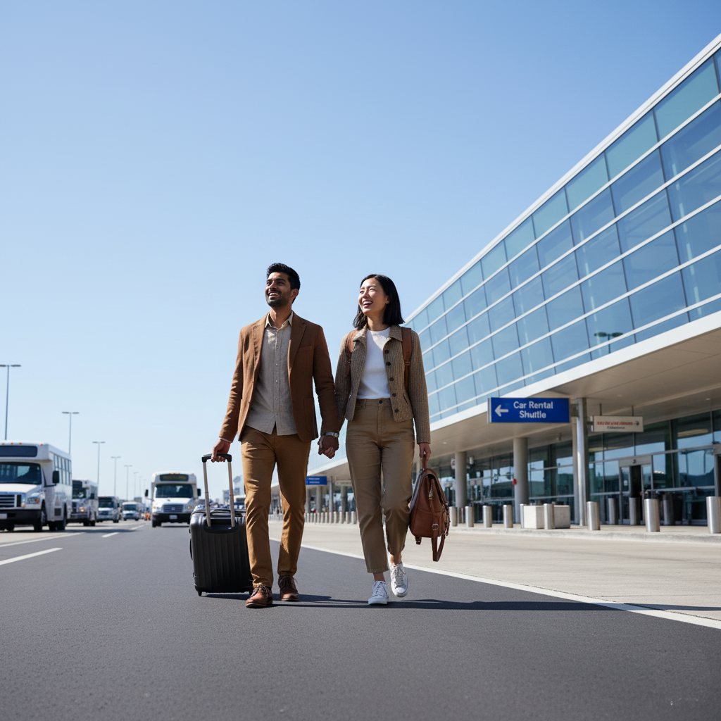 A couple excitedly walking out of an airport terminal with luggage, looking forward to their car hire pickup.
