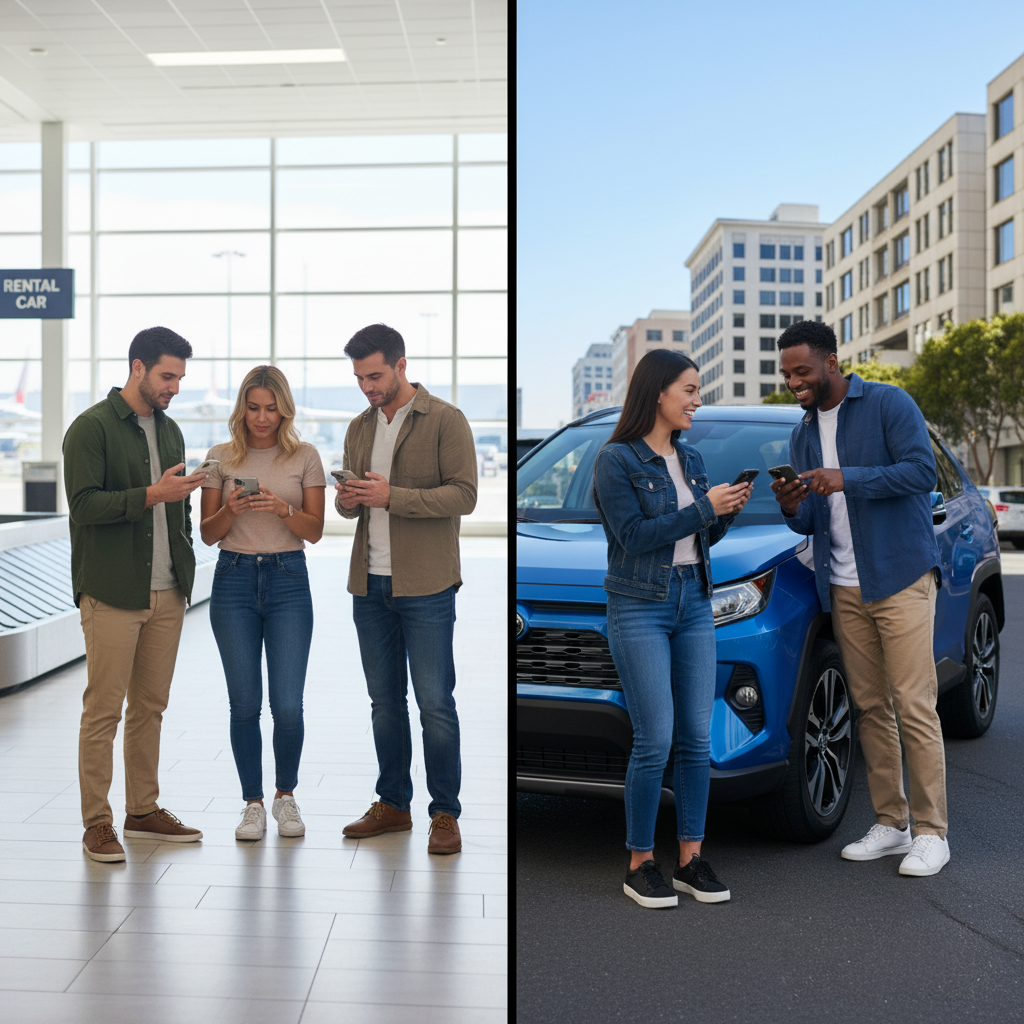 Traveler comparing SFO Airport and downtown San Francisco car rental prices to choose the cheapest Bay Area car hire option.