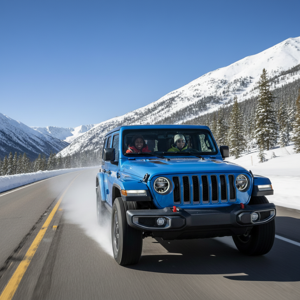 A blue Jeep Wrangler with passengers inside drives on a snowy I-70 to the Rockies, highlighting winter rental car driving.