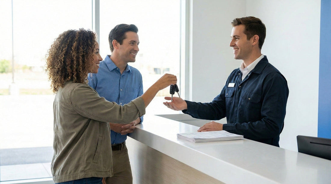 A man handing car rental keys to an agent at the return counter while the primary renter stands nearby.