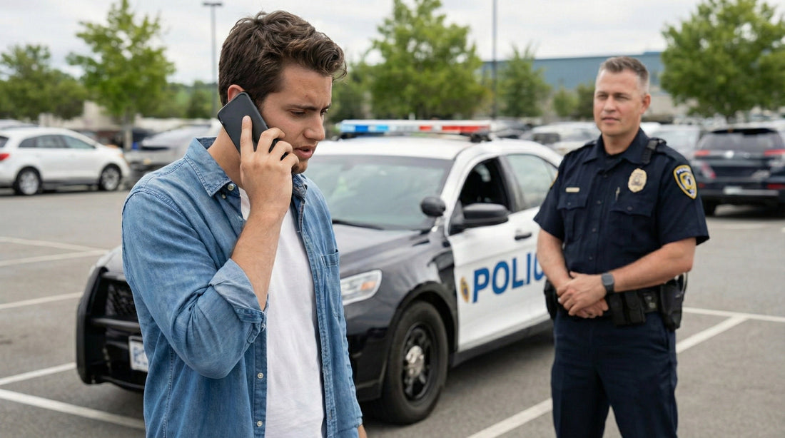 A traveler reporting a stolen rental car to a police officer in a parking lot while calling for assistance.
