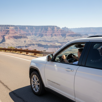 A white SUV rental car driving along a road overlooking the Grand Canyon on a hot summer day, emphasizing cooling needs.