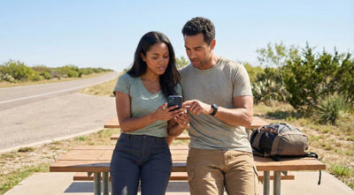 A person leans against their car hire on a dusty Texas road while looking down at their smartphone