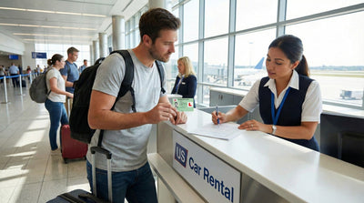 Man showing a driving licence to an agent at a US car rental counter to check eligibility for car hire.