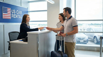 Traveler presenting an international credit card to a rental agent at a US car rental counter with luggage nearby.