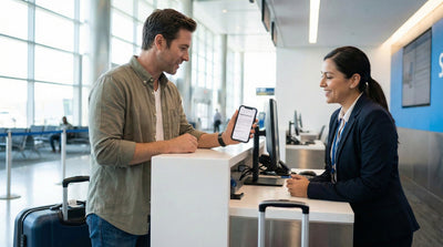 Customer showing a digital booking voucher on a smartphone to a smiling agent at an airport car hire desk.