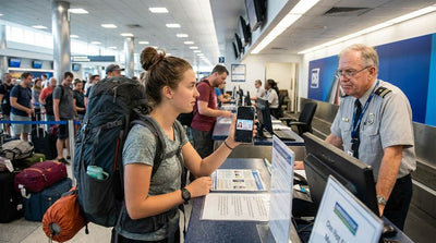Backpacker showing digital photo of driving licence on phone screen to agent at airport rental desk.