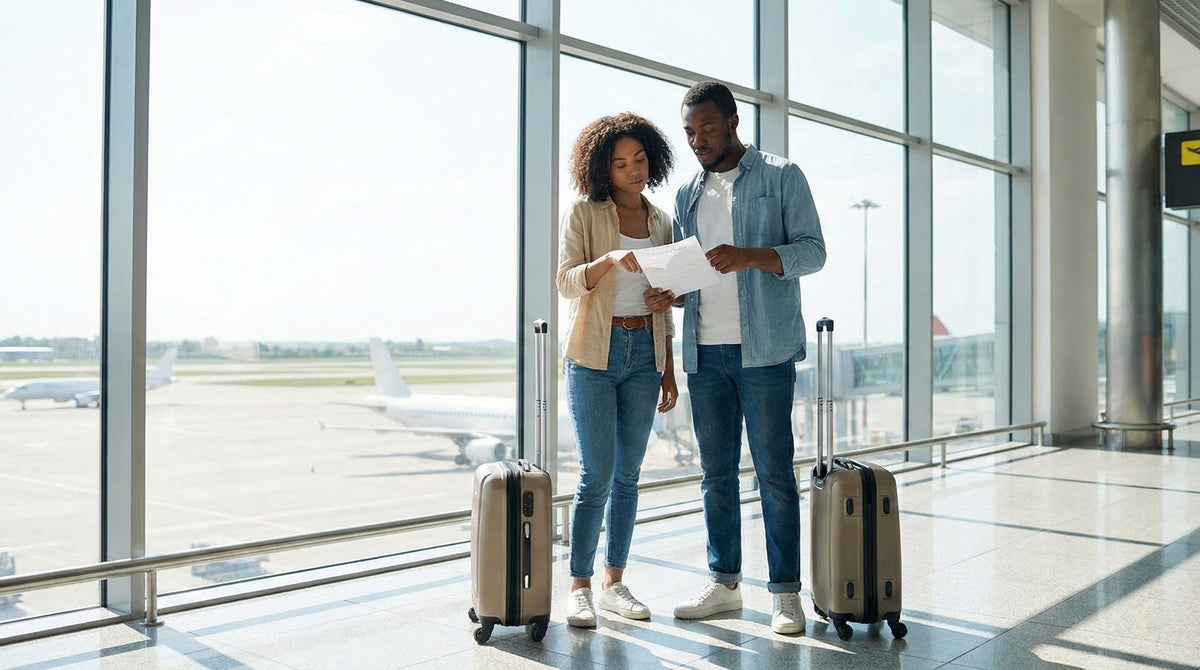 Couple standing in the airport terminal reviewing their car rental agreement documents before picking up their vehicle.
