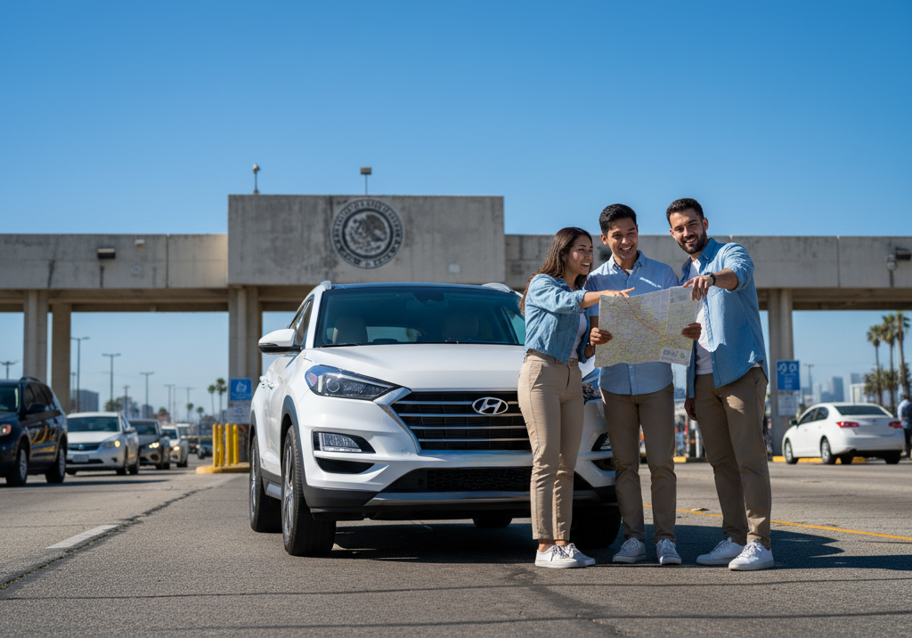 Three diverse friends in casual attire, reviewing a map near a white SUV at a border crossing checkpoint, pointing.