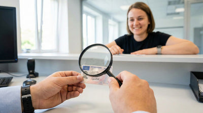 A close-up photograph of a driving licence signature being inspected with a magnifying glass at a car rental counter.