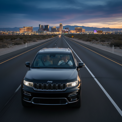 Two friends in a black SUV on a highway, Las Vegas skyline at dusk.