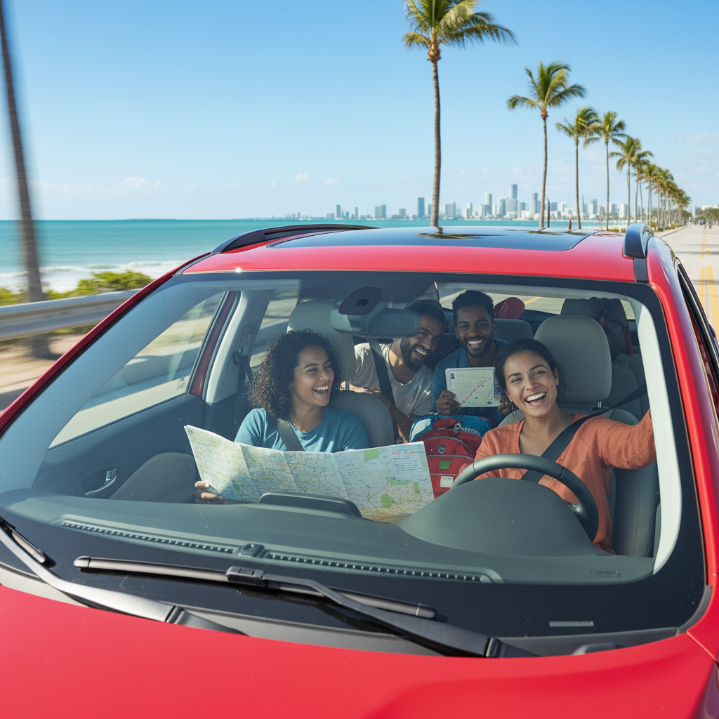 Diverse friends smiling in a red car rental, driving down a sunny Miami beach road with palm trees and the skyline.