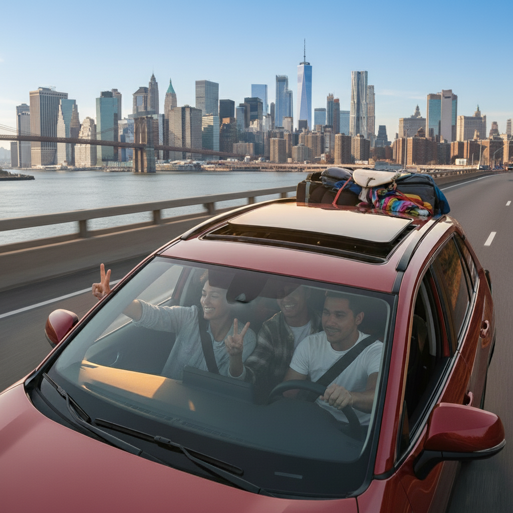 Diverse travelers with a red SUV rental car on a New York City street, ready for an unlimited mileage road trip.