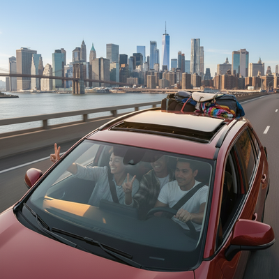 Diverse travelers with a red SUV rental car on a New York City street, ready for an unlimited mileage road trip.