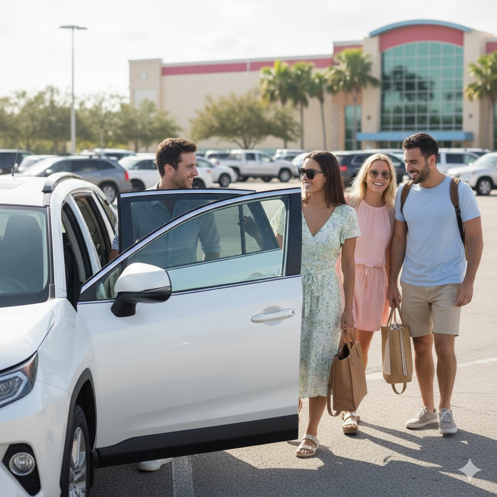 A diverse group of happy travelers getting into a white Toyota Rav4 in a bright Orlando parking lot, ready for adventure and representing unlimited mileage car rental.