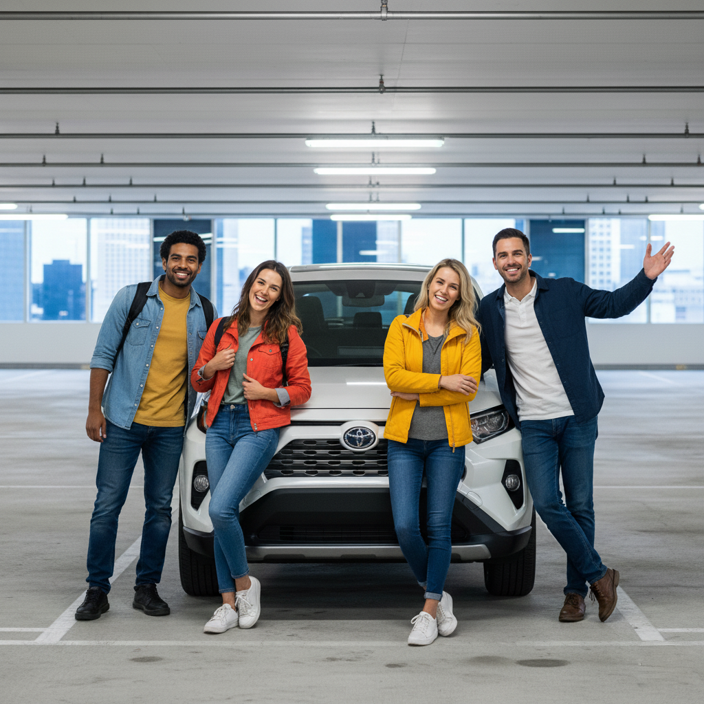 A diverse group of four happy travelers standing in a parking garage with a white Toyota Rav4, smiling and ready for adventure, perfect for unlimited mileage car rental in San Francisco.