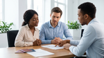 A diverse couple discusses insurance documents at a modern rental car desk in the United Estates.