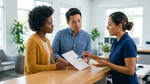 A diverse couple asks a friendly agent about terms on their car rental voucher in a US office.