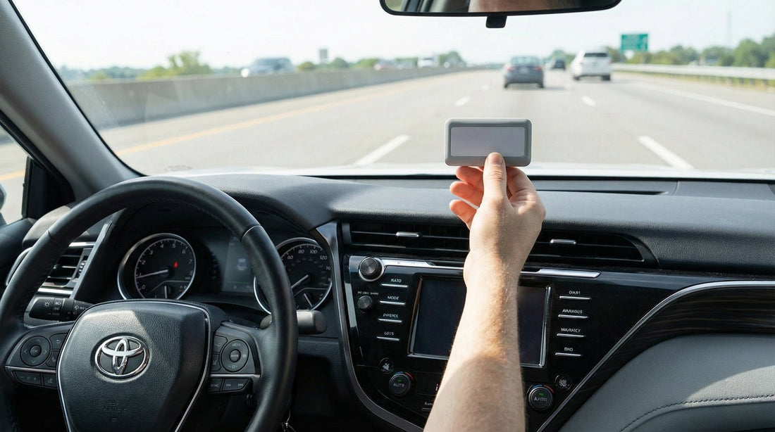 Driver holding a toll pass inside a rental car on a highway, illustrating car hire toll payment options.