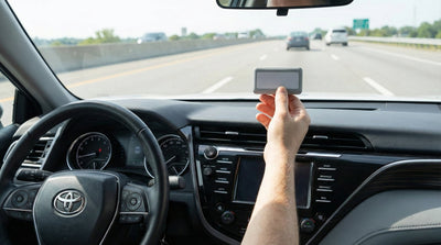 Driver holding a toll pass inside a rental car on a highway, illustrating car hire toll payment options.
