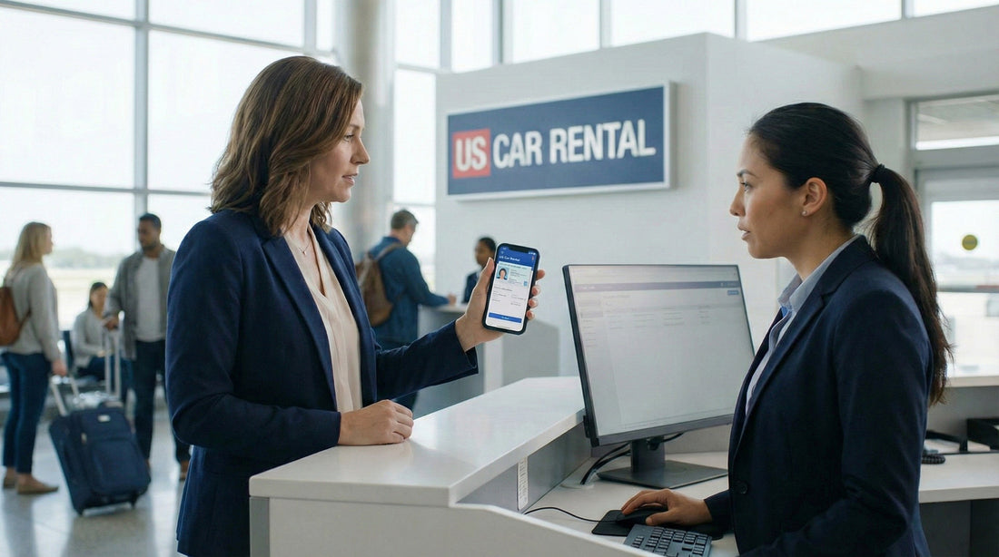 Woman showing digital ID details on smartphone to rental agent to verify out-of-state address change.