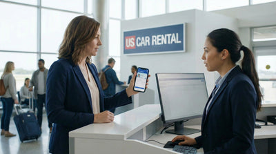 Woman showing digital ID details on smartphone to rental agent to verify out-of-state address change.