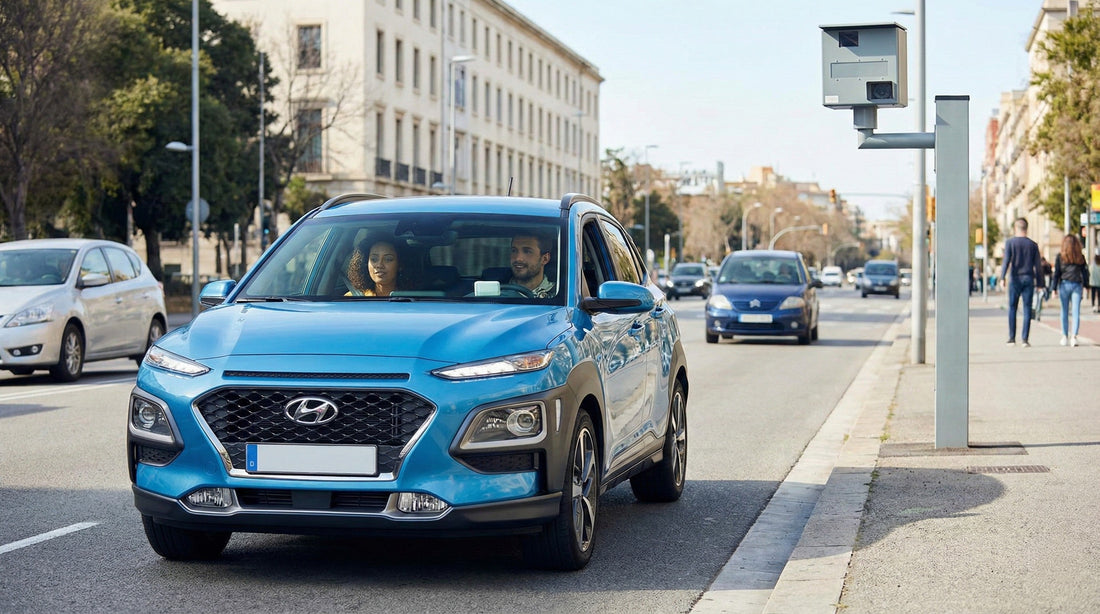 A blue Hyundai Kona rental car driving past a prominent roadside speed camera in a city environment like Washington D.C.