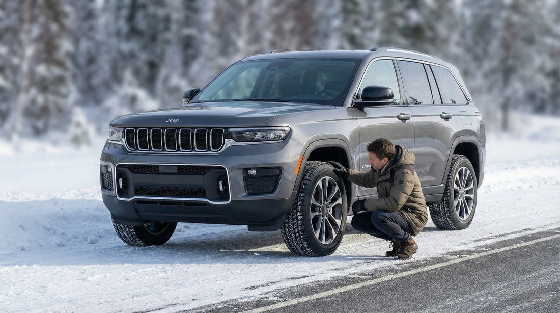 A person wearing winter clothing crouches down to inspect the tire tread of a grey Jeep Grand Cherokee L rental SUV parked on a roadside dusted with fresh snow.