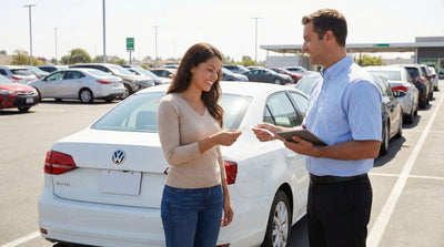 A couple carefully inspects the tires and body of a grey rental car in a sunny parking lot before picking it up.