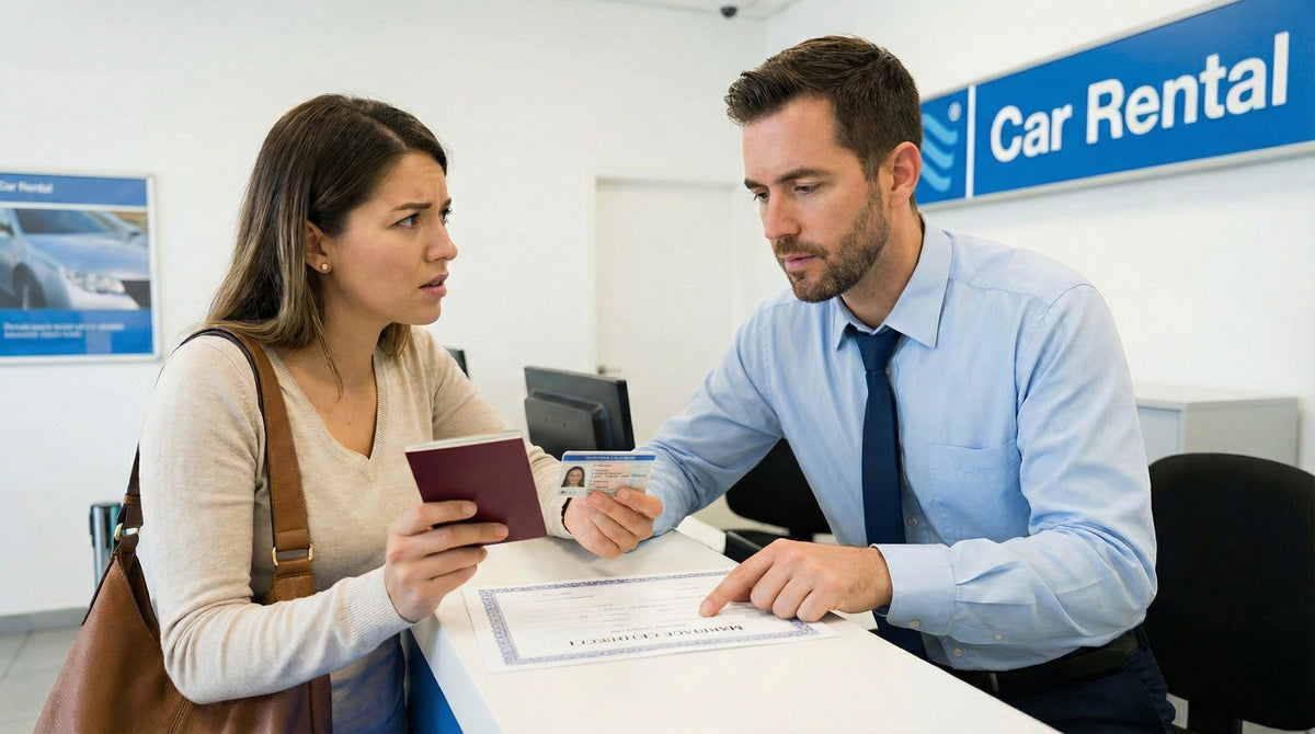 Customer presenting passport and licence to agent, clarifying name discrepancy for car rental validation.
