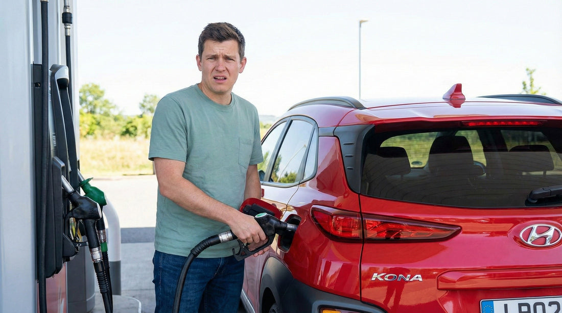 A person looks confused while holding a gas pump nozzle next to a red Hyundai Kona car rental.
