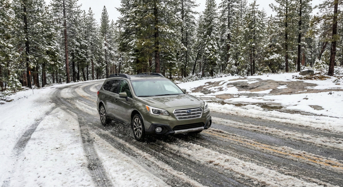 A silver car driving along a winding road flanked by snow-covered pine trees in Yosemite National Park.