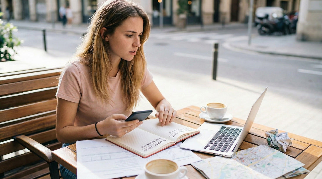 Young woman calculating car rental budget and young driver surcharges on a laptop at an outdoor cafe.